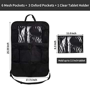 Ecurfu Backseat Car Organizer, Back Seat Protectors Kick Mats, Car Storage Bag with iPad Tablet Holder + 9 Storage Pockets for Kids Toddlers, Travel Accessories (1PC)