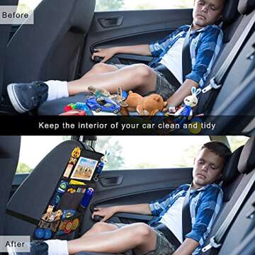 Ecurfu Backseat Car Organizer, Back Seat Protectors Kick Mats, Car Storage Bag with iPad Tablet Holder + 9 Storage Pockets for Kids Toddlers, Travel Accessories (1PC)
