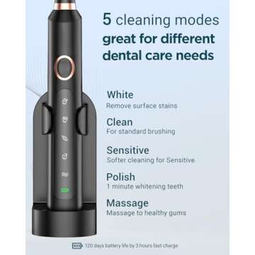Rtauys M5 Sonic Electric Toothbrush for Adults and Kids - Rechargeable Electric Toothbrush Kids Ages 12+ and Adults with 8 Brush Heads & Travel Case, 120 Days Battery Life - Black