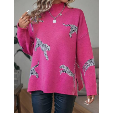 WDIRARA Women's Leopard Print High Neck Long Sleeve Sweater Casual Knit Pullovers Pink XL