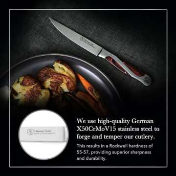 Hammer Stahl Steak Knives Set Of 4 | High Carbon German Steel Kitchen Knife Set | Stainless Steel Knife Set With Ergonomic Quad-Tang Pakkawood Handle |5-Inch Professional Balanced Non-Serrated Cutlery