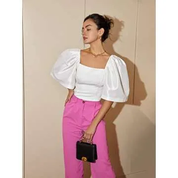 Floerns Women's Square Neck Puff Short Sleeve Elegant Blouse Crop Top White M