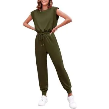Onedreamer Jumpsuit for Women Casual Summer Crew Neck Sleeveless Romper Open Back One Piece Tracksuits Sweatsuits (Olive Green,S)