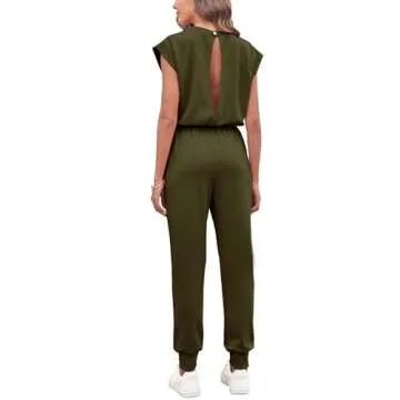 Onedreamer Jumpsuit for Women Casual Summer Crew Neck Sleeveless Romper Open Back One Piece Tracksuits Sweatsuits (Olive Green,S)