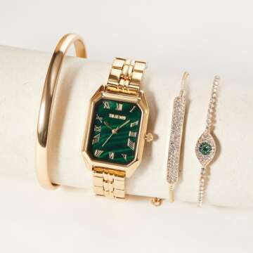 TIME100 Women's Rectangle Bracelet Watch Set Premium Crystal Accented Bangle Watch W50889L