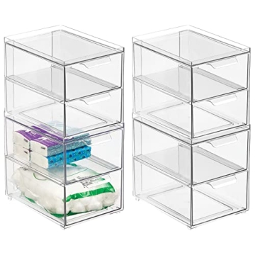 mDesign Clear Stackable Storage Bin Set with 2 Drawers - 4 Pack for Bathroom & Home Organization
