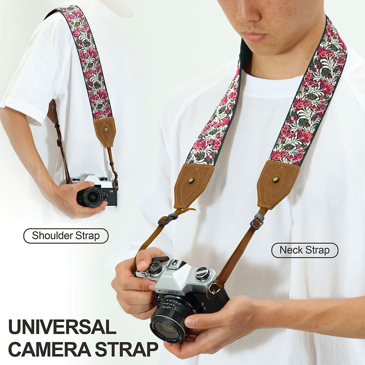 Floral Camera Strap - Adjustable Cowhide Neck Strap