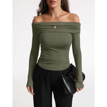 Women's Sexy Off Shoulder Tops Dressy Casual Slim Fit Long Sleeves Spring Fall Blouse Going Out Nightout Shirt Army Green