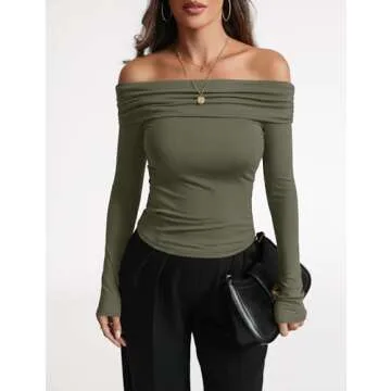 Women's Sexy Off Shoulder Tops Dressy Casual Slim Fit Long Sleeves Spring Fall Blouse Going Out Nightout Shirt Army Green