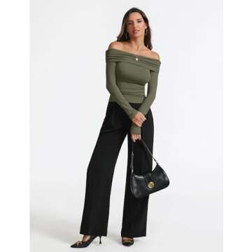 Women's Sexy Off Shoulder Tops Dressy Casual Slim Fit Long Sleeves Spring Fall Blouse Going Out Nightout Shirt Army Green