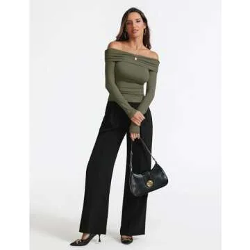 Women's Sexy Off Shoulder Tops Dressy Casual Slim Fit Long Sleeves Spring Fall Blouse Going Out Nightout Shirt Army Green