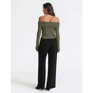 Women's Sexy Off Shoulder Tops Dressy Casual Slim Fit Long Sleeves Spring Fall Blouse Going Out Nightout Shirt Army Green