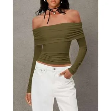 Women's Sexy Off Shoulder Tops Dressy Casual Slim Fit Long Sleeves Spring Fall Blouse Going Out Nightout Shirt Army Green