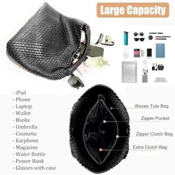 2025 Woven Leather Tote Bag with Purse, Extra Large Capacity Vegan Leather Tote Bag Women Weekender Bag Shopper Handbag Travel Shoulder Bag (Black)