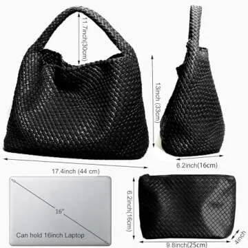 2025 Woven Leather Tote Bag with Purse, Extra Large Capacity Vegan Leather Tote Bag Women Weekender Bag Shopper Handbag Travel Shoulder Bag (Black)