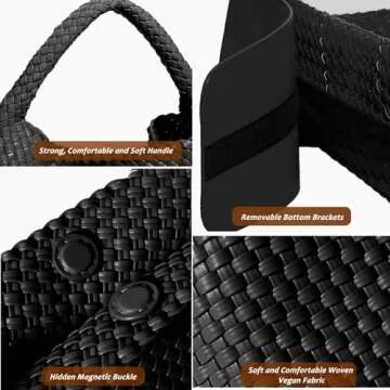 2025 Woven Leather Tote Bag with Purse, Extra Large Capacity Vegan Leather Tote Bag Women Weekender Bag Shopper Handbag Travel Shoulder Bag (Black)