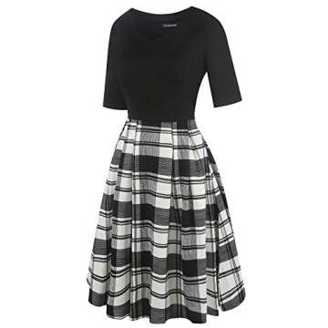 oxiuly Women's Classic Plaid Knee-Length Vintage Work Dress Elegant V-Neck Cocktail Party Swing Dresses with Pockets OX295 (XXL, BK-Plaid PT)