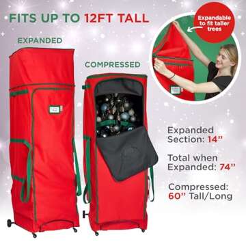 HOLDN’ STORAGE Rolling Christmas Tree Storage Bag with Wheels XXL - Fits Up to 72" Artificial Tree or 12 ft Disassembled, Heavy Duty Durable 600D Extra Large Tree Storage Bag - Tree and Garland Bag.