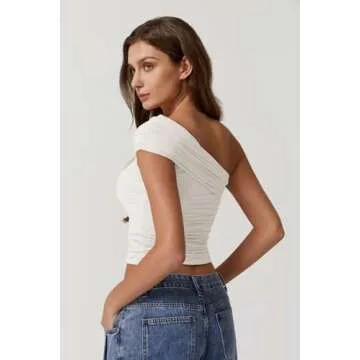 QINSEN One Shoulder Crop Top - Elegant Slim Fit Elegance in White