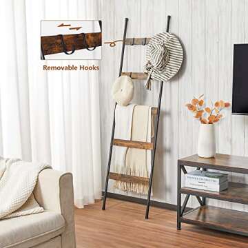 ELYKEN Blanket Ladder for Living Room, Farmhouse 5 -Tier Quilt Holder with 4 Removable Hooks for Bat...