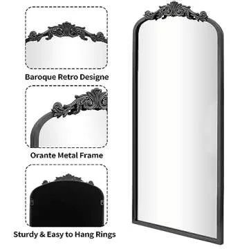 CASOLLY Vintage Black Antique Arched Full Length Floor Mirror 22"X65",Traditional Elegant Baroque Floor Body Mirror with Ornate Matel Frame,French Wall Mirror for Dressing/Living Room/Hallway