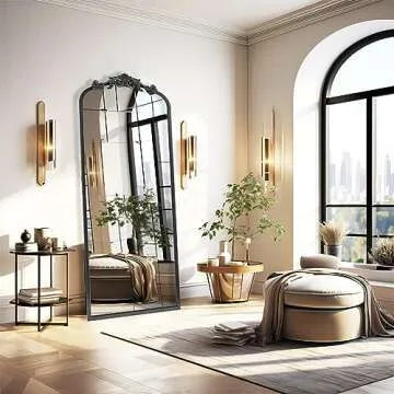 CASOLLY Vintage Black Antique Arched Full Length Floor Mirror 22"X65",Traditional Elegant Baroque Floor Body Mirror with Ornate Matel Frame,French Wall Mirror for Dressing/Living Room/Hallway