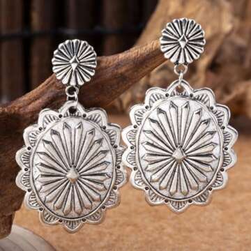 Western Country Earrings for Women Valentines Day Gifts Vintage Silver Dangle Earrings Boho Turquoise Earrings Country Concert Outfits Concho Jewelry