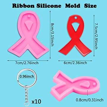 6 Pieces Ribbon Silicone Mold Awareness Ribbon Silicone Mold with Hole and 10 Pieces Keyrings for DI...