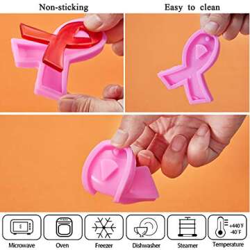 6 Pieces Ribbon Silicone Mold Awareness Ribbon Silicone Mold with Hole and 10 Pieces Keyrings for DIY Chocolate, Cake, Pudding, Ice Cream, Jelly (pink)