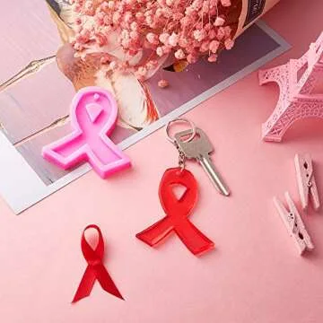 6 Pieces Ribbon Silicone Mold Awareness Ribbon Silicone Mold with Hole and 10 Pieces Keyrings for DIY Chocolate, Cake, Pudding, Ice Cream, Jelly (pink)
