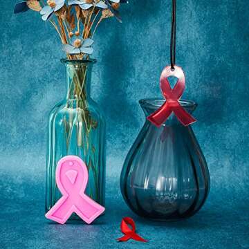 6 Pieces Ribbon Silicone Mold Awareness Ribbon Silicone Mold with Hole and 10 Pieces Keyrings for DIY Chocolate, Cake, Pudding, Ice Cream, Jelly (pink)