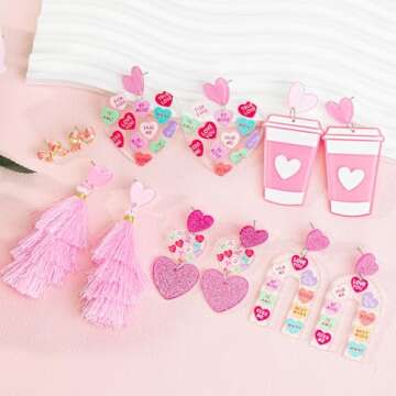 6 Pairs Valentines Earrings for Women, Valentines Day Earrings Heart Arch Bow Tassels Dangle Earrings Bulk for Women, Valentine's Day Jewelry Accessories Gifts for Women and Teens
