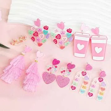 6 Pairs Valentines Earrings for Women, Valentines Day Earrings Heart Arch Bow Tassels Dangle Earrings Bulk for Women, Valentine's Day Jewelry Accessories Gifts for Women and Teens