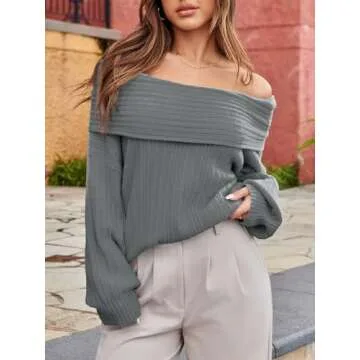 Saodimallsu Womens Off The Shoulder Sweater Top Oversized 2024 Fall Batwing Boat Neck Knit Sexy Casual Pullover Grey