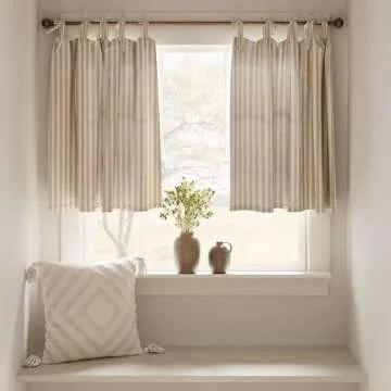 jinchan Tie Top Linen Kitchen Curtains 24 Inch Length Striped Tier Curtains Ticking Stripe Small Drapes for Living Room Bathroom Cafe Small Window Farmhouse Rustic Pinstripe Rod Pocket 2 Panels Tan