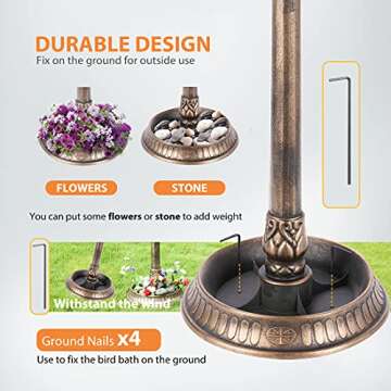 VIVOHOME 28 Inch Height Polyresin Lightweight Antique Outdoor Garden Bird Bath with Flower Planter Base Copper