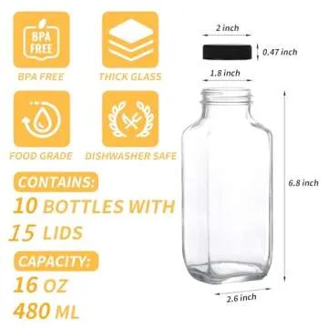 10Pcs Glass Juice Bottles with Lids 16 Oz - Clear Glass Bottles with Lids, Juicing Bottles Reusable, Drink Jars Containers for Juicing, Smoothies, Water, Milk, Kombucha Storage, Wellness Shots
