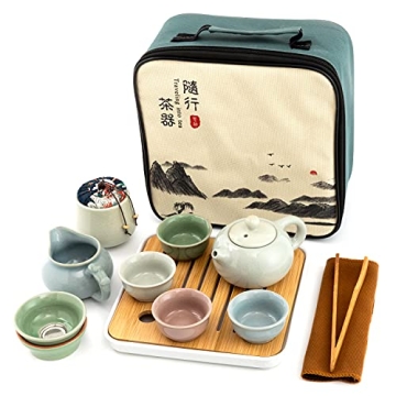 Ceramic Kungfu Tea Sets 12 Piece,Mini Protable Travel Tea Set With Tea Pot, 4x Tea Cups, Bamboo Tea ...