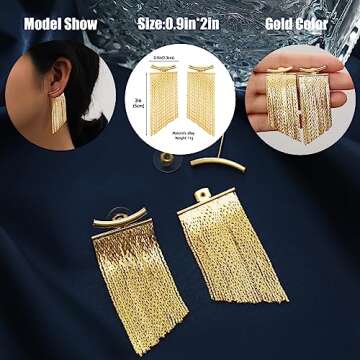 FUNEIA Gold Silver Tassel Earrings for Women Long Statement Drop & Dangle earrings Trendy Ear Jackets Front Back Earrings Dangling Dangly Bridal Fringe Formal Earrings for Wedding Prom Brides Jewelry