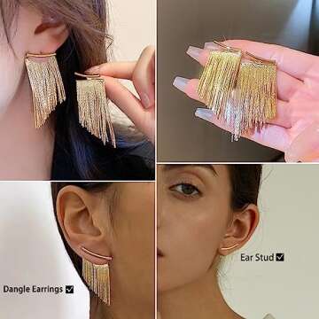FUNEIA Gold Silver Tassel Earrings for Women Long Statement Drop & Dangle earrings Trendy Ear Jackets Front Back Earrings Dangling Dangly Bridal Fringe Formal Earrings for Wedding Prom Brides Jewelry