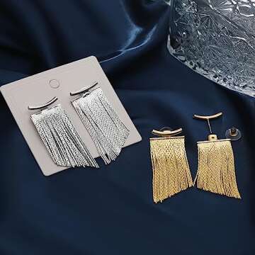 FUNEIA Gold Silver Tassel Earrings for Women Long Statement Drop & Dangle earrings Trendy Ear Jackets Front Back Earrings Dangling Dangly Bridal Fringe Formal Earrings for Wedding Prom Brides Jewelry