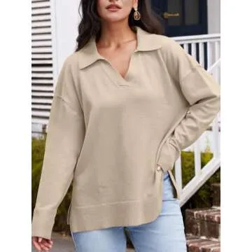 LILLUSORY Oversized Sweaters for Women 2024 Fall Trendy Sexy V Neck Collared Tunic Chunky Knit Long Sleeve Pullover Top Winter Outfits Cute Clothes Apricot XL