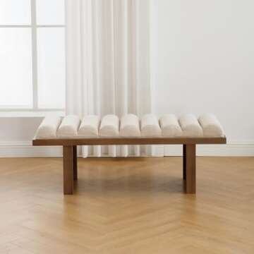 HEAH-YO Modern Bench,47” Width End of Bed Bench with Cylindrical Cushion and Wood Legs,Upholstered Linen Beige Fabric Entryway Bench for Living Room,Light Brown Legs