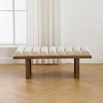 HEAH-YO Modern Bench,47” Width End of Bed Bench with Cylindrical Cushion and Wood Legs,Upholstered Linen Beige Fabric Entryway Bench for Living Room,Light Brown Legs