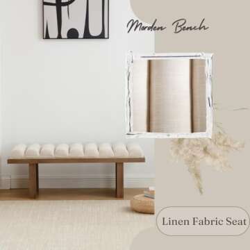 HEAH-YO Modern Bench,47” Width End of Bed Bench with Cylindrical Cushion and Wood Legs,Upholstered Linen Beige Fabric Entryway Bench for Living Room,Light Brown Legs