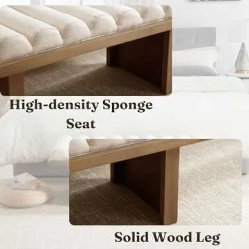 HEAH-YO Modern Bench,47” Width End of Bed Bench with Cylindrical Cushion and Wood Legs,Upholstered Linen Beige Fabric Entryway Bench for Living Room,Light Brown Legs