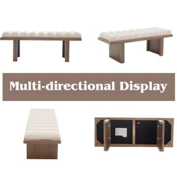 HEAH-YO Modern Bench,47” Width End of Bed Bench with Cylindrical Cushion and Wood Legs,Upholstered Linen Beige Fabric Entryway Bench for Living Room,Light Brown Legs