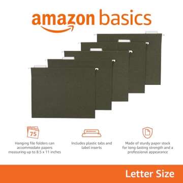 Amazon Basics Hanging File Folders, Letter Size, Standard Green, 1/5-Cut Tabs, 75 Count per box
