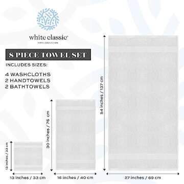 White Classic Luxury Bath Towel Set of 8 Pieces - 100% Turkish Cotton Highly Absorbent Towels for Bathroom, 2 Luxury Bath Towels 700GSM, 2 Hand Towels, 4 Washcloths, Silver