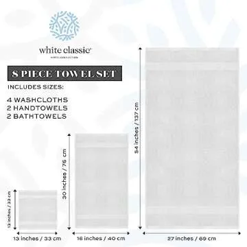 White Classic Luxury Bath Towel Set of 8 Pieces - 100% Turkish Cotton Highly Absorbent Towels for Bathroom, 2 Luxury Bath Towels 700GSM, 2 Hand Towels, 4 Washcloths, Silver